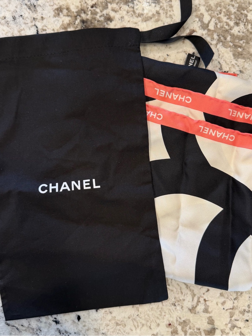 CHANEL Black, Cream & Coral Logo Scarf